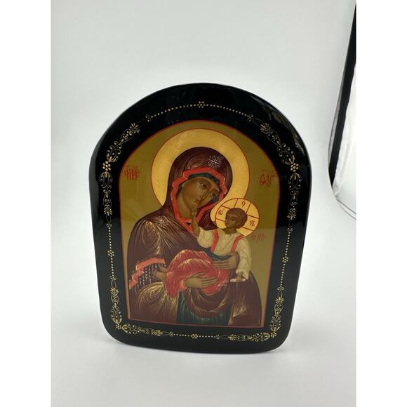 Russian Orthodox Icon Lacquer Box Fedoskino Lady of Vladimir (Madonna and Child) - Picture 3 of 9